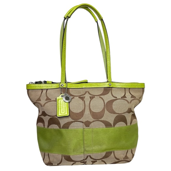 Coach Handbags - COACH F13548 Signature Stripe Canvas Patent Leather Tote Shoulder Bag Purse Lime